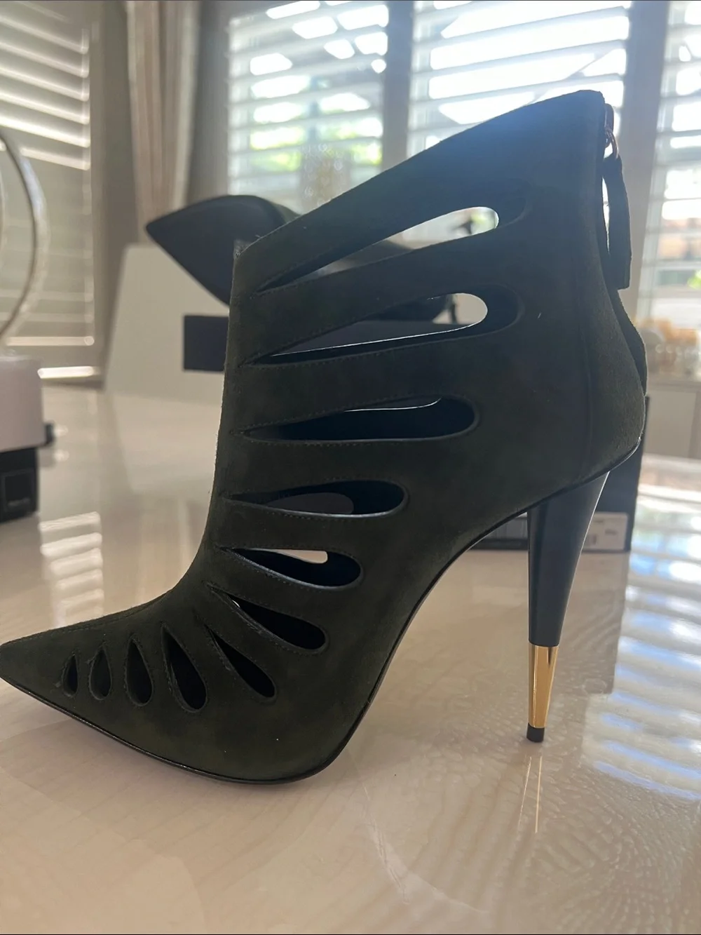 Giuseppe Zanotti Olive Suede Cutout Stiletto Booties